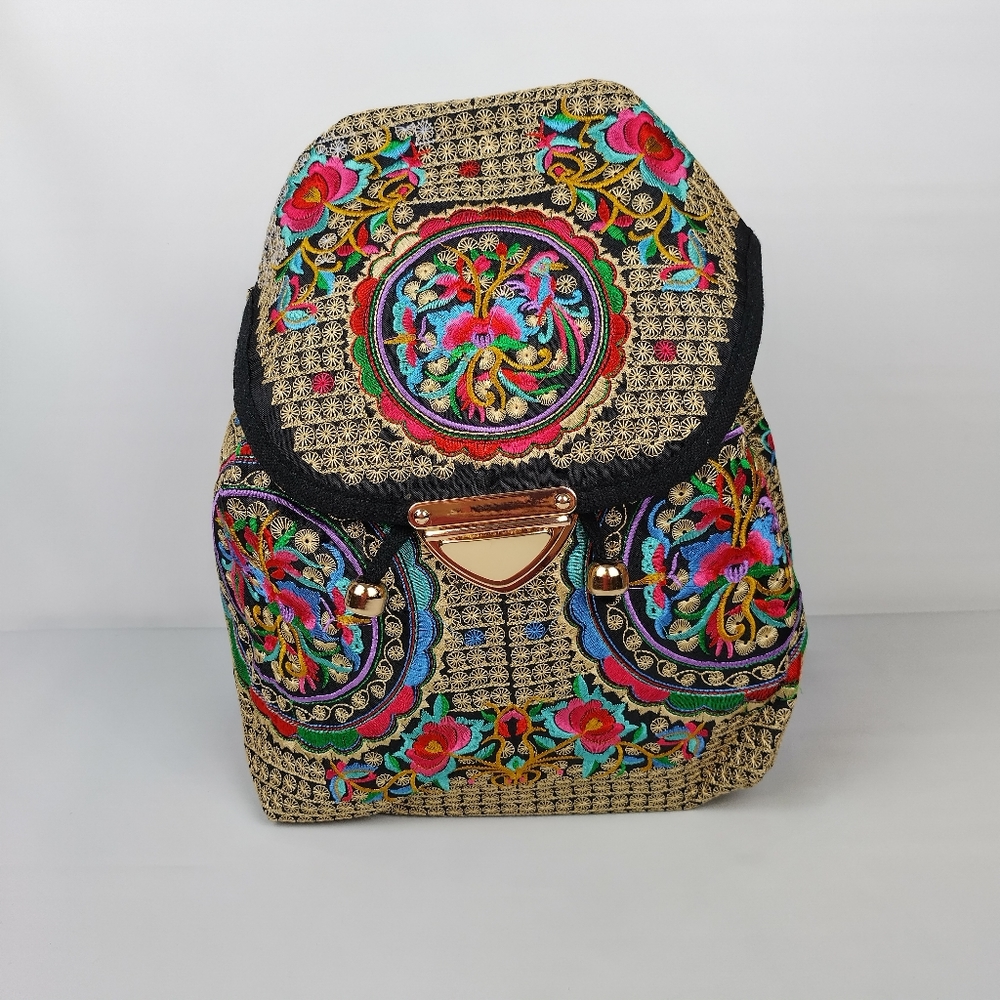 Embroidered mexican floral multicolor handmade‎ bagpack 100% mexican art new - Picture 5 of 11